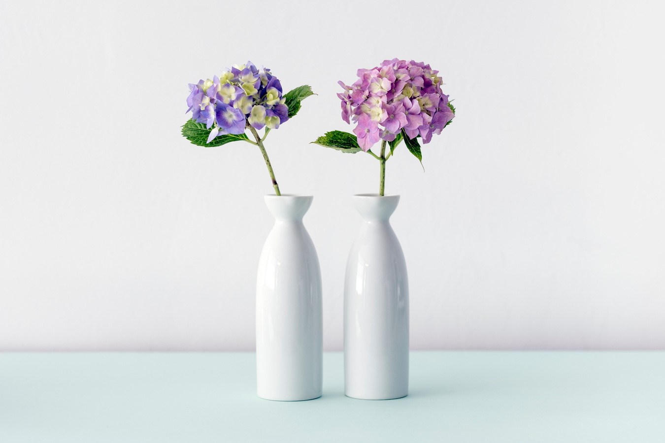 two vases with purple flowers in them